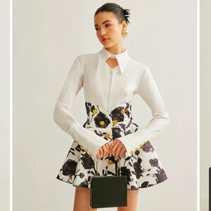 Commense Metal Button Down Cutout White Polo Shirt